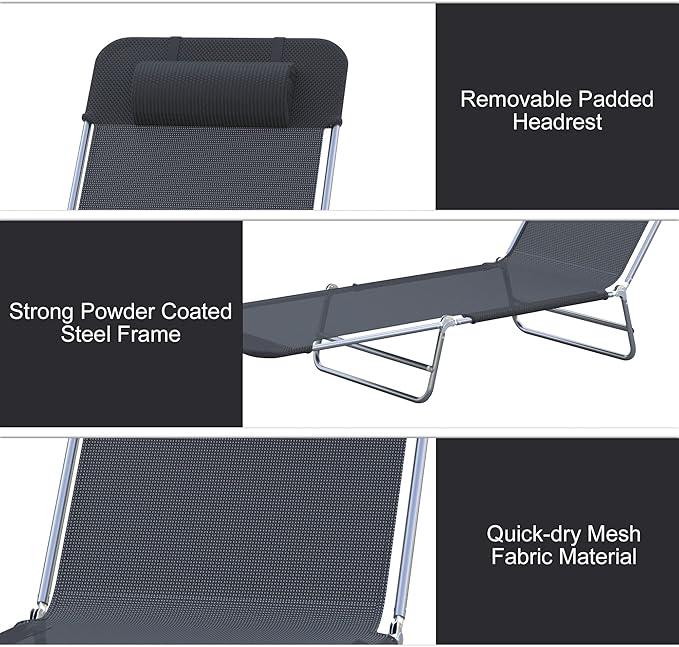Outsunny Folding Chaise Lounge Pool Chairs, Outdoor Sun Tanning Chairs with Pillow, Reclining Back - Photo 5
