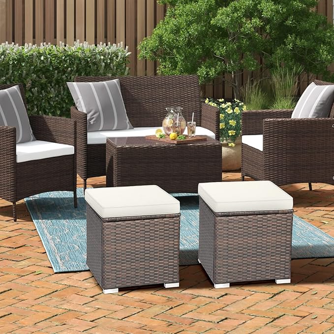 RELAX4LIFE Wicker Outdoor Storage Ottoman, 2-Piece Rattan Footstool w/Removable Cushion - Photo 8