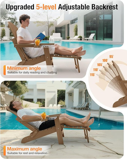 YEFU Adjustable Adirondack Chair with Retractable Ottoman Set of 6,Folding Adirondack Chair with 2 Cup-Holders, Outdoor Chairs with Footrest,Weather Resistant Fire Pit Chairs,for Patio Lawn(Teak)