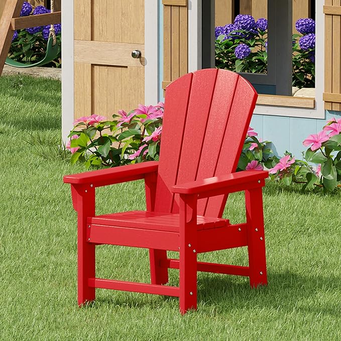 Costaelm Kids Adirondack Chair Set of 4, Plastic Outdoor Kids Chair Toddler Patio Furniture and Outdoor Children Picnic Activity Lawn Chair for Garden, Patio, Backyard & Beach, Red