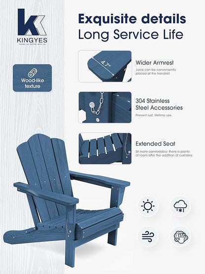 KINGYES Folding Adirondack Chair Set of 4, HDPE All-Weather Adirondack Chair, Navy