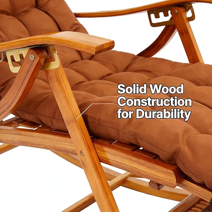 Folding Bamboo Rocking Chair, Adjustable Back Patio Reclining Chair with Headrest Pillow - Photo 6