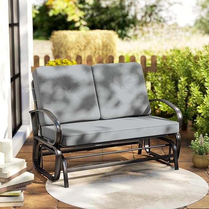 Outsunny Outdoor Glider Bench, 2-Person Patio Rocker Loveseat with Tufted Cushions, Steel Frame for Porch, Garden Backyard, Gray