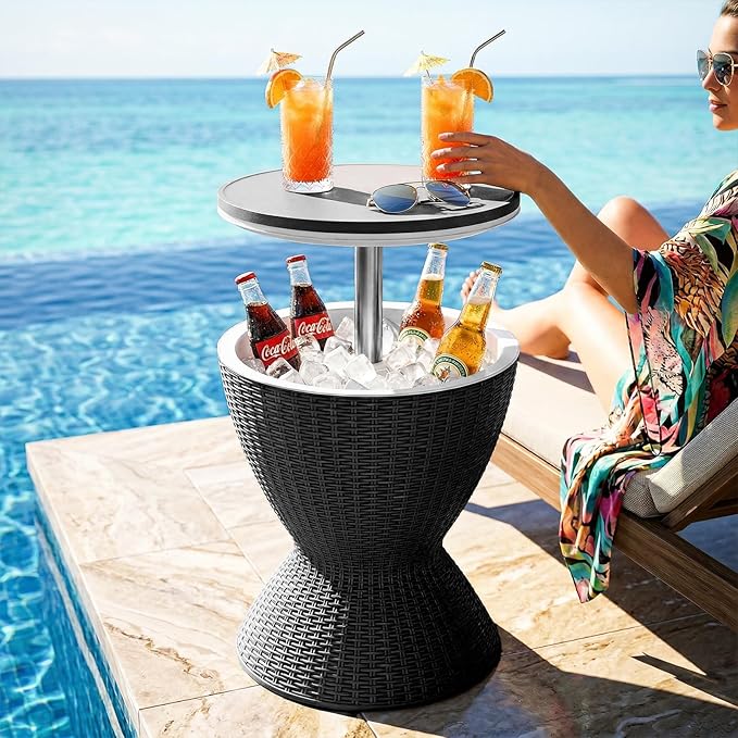 EFU Cooler Table, 8 Gallon Cooler Bar Table, Adjustable Height Multi-Functional Outdoor Cool Bar for Drinks Beer & Wine, with Drain Plug, Patio Furniture for Backyard, Pool, BBQ & Parties (Black)
