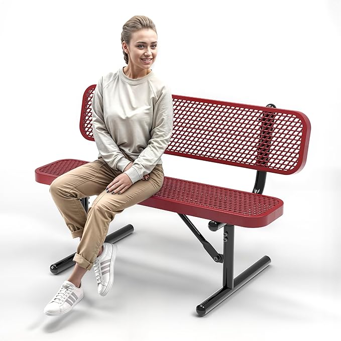 Heavy-Duty Outdoor Metal Bench, Thermoplastic-Coated, Portable, Weatherproof, Commercial-Grade for Parks, Gardens, Patios, Stores & More (4 Ft - Portable with Back, Red)