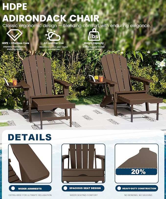 FOOWIN Folding Adjustable Adirondack Chair with Retractable Ottoman Set of 2, HDPE Adirondack Chair w/4 in 1 Cup Holder Trays,All-Weather Resistant Fire Pit Chair for Outdoor Patio Lawn, Coffee
