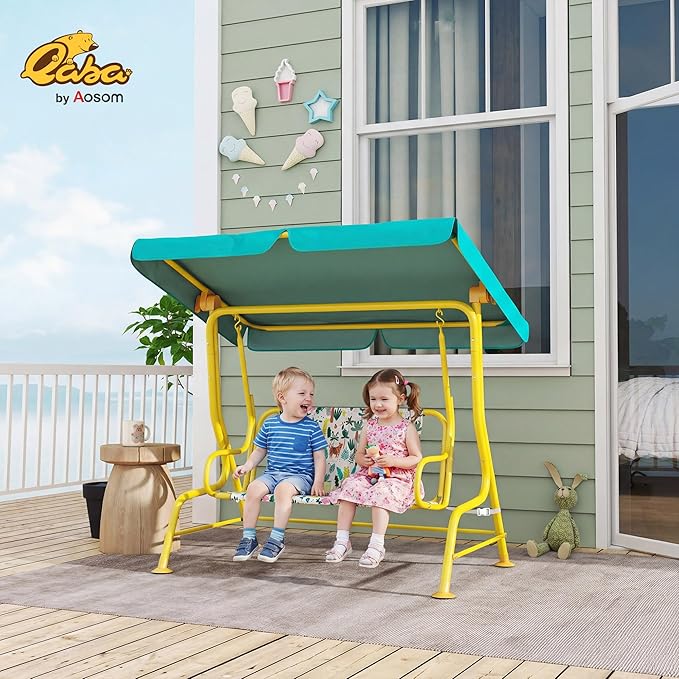 Qaba Kids Patio Swing, 2-Seater Outdoor Porch Swing Chair with Adjustable Canopy, Safety Belt - Photo 2