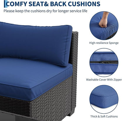 7-Piece Outdoor Patio Furniture Set, Modular Sectional Sofa with Water-Resistant Washable Thick Cushions & Coffee Table, Rattan & Wicker Conversation Set, Brown Frame (Black Wicker & Blue Cushions)