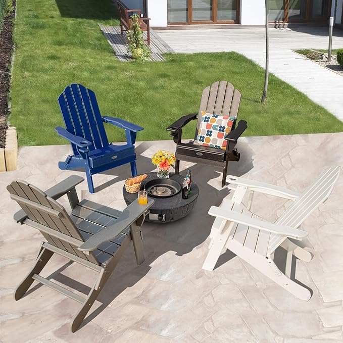 Tangkula Outdoor Folding Adirondack Chair, HDPE Armchairs with Cup Holder, Weather Resistant Lounger Chair for Patio Garden Fire Pit Backyard, Lawn Porch Seating, Adirondack Lounger (4, Navy)