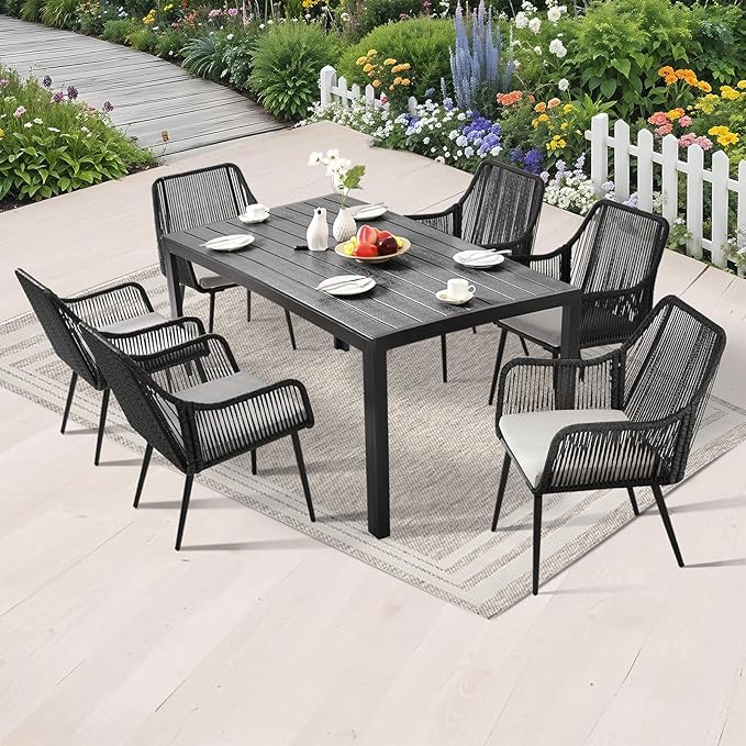 Patio Dining Chairs, Outdoor Dining Chairs with Armrest and Cushion Set of 6, Woven Twisted Wicker Rattan Chair, Modern Indoor Outdoor Seating for Garden, Lawn, Backyard, Black