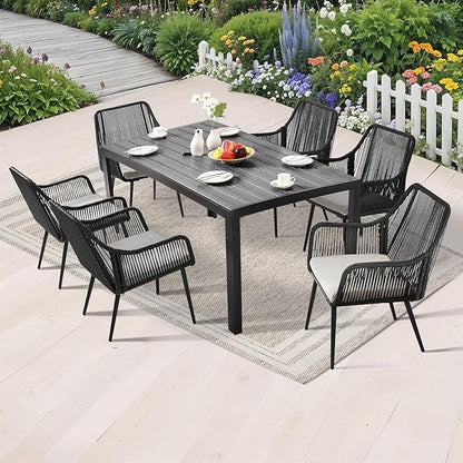 Patio Dining Chairs, Outdoor Dining Chairs with Armrest and Cushion Set of 6, Woven Twisted Wicker Rattan Chair, Modern Indoor Outdoor Seating for Garden, Lawn, Backyard, Black