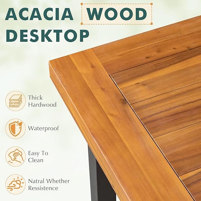 Flamaker Dining Table for 6 Acacia Wood Indoor Outdoor Home Kitchen Table with Iron Legs Large Rectangular Patio Table - Photo 5