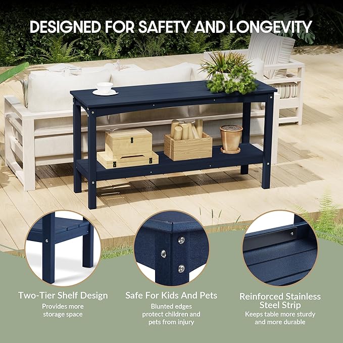 WestinTrends Malibu 55" Outdoor Patio HDPE Adirondack 2-Tier Shelf Console Table, Navy Blue