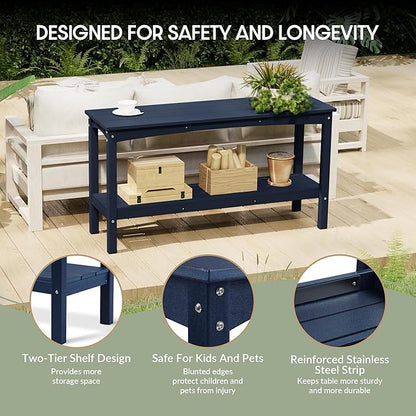 WestinTrends Malibu 55" Outdoor Patio HDPE Adirondack 2-Tier Shelf Console Table, Navy Blue