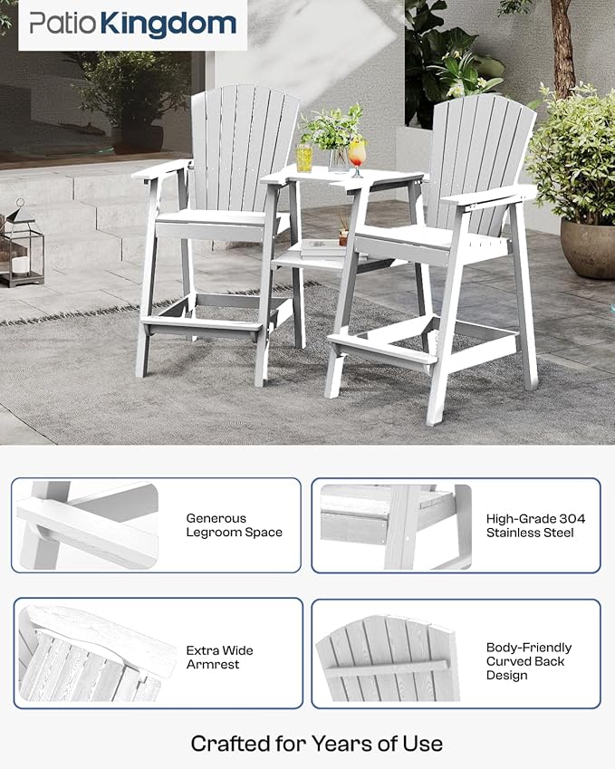 Tall Adirondack Chairs Set of 2 with Removable Tray, HDPE Bar Height Adirondack Bar Stools, High Back Patio Chairs for Balcony, Deck, Lawn, Backyard, All-Weather Outdoor Furniture, White