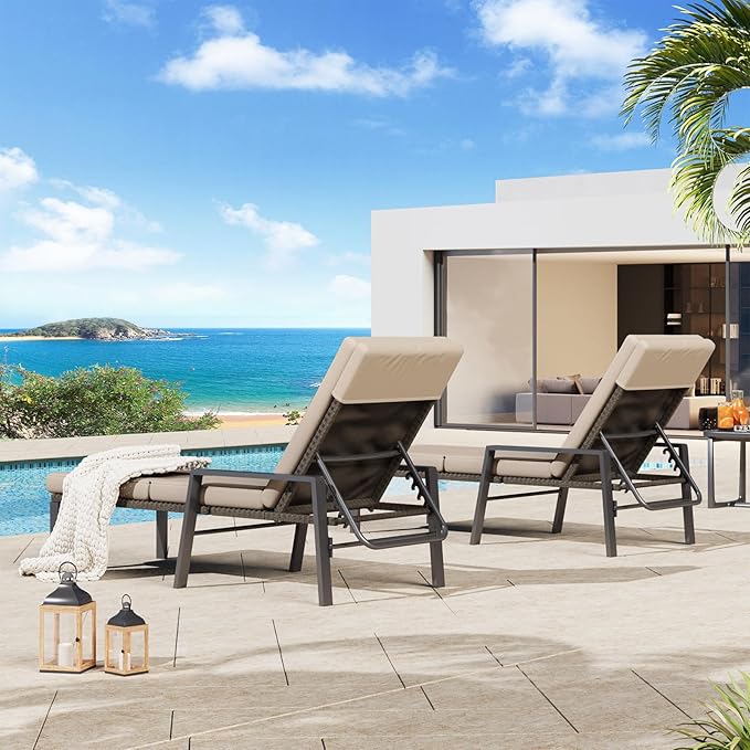 AECOJOY Chaise Lounge Chairs for Outdoor, Lounge Chairs Set of 2, Adjustable PE Rattan Wicker Patio Pool Lounge Chair with Cushion and Wheels for Backyard Deck Porch Garden, Brown Rattan&Khaki Cushion