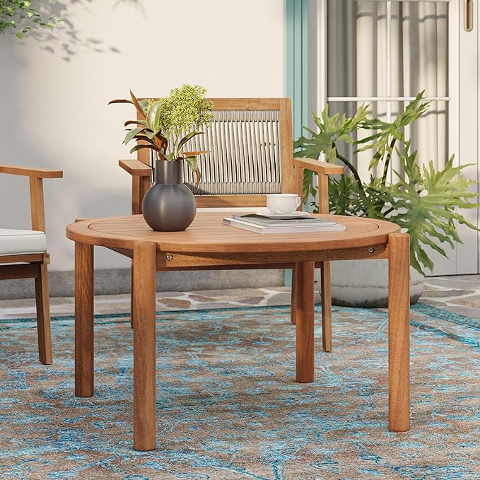 LuxenHome Outdoor Coffee Table, 32 Inch Natural Solid Wood Round Coffee Table - Photo 1