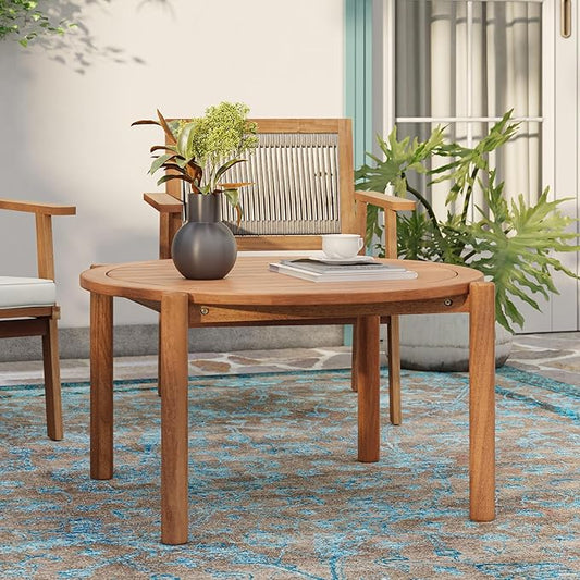 LuxenHome Outdoor Coffee Table, 32 Inch Natural Solid Wood Round Coffee Table, Modern Outdoor Tables for Balcony Backyard Deck Garden, Outside Patio Furniture