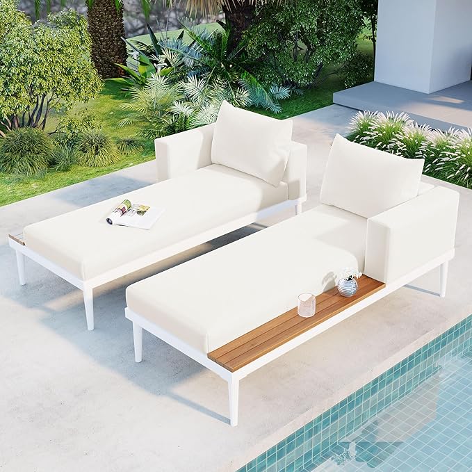 Outdoor Bed with Cushions and Pillows, Patio Daybed with Wood Topped Side Table for Drinks - Photo 1