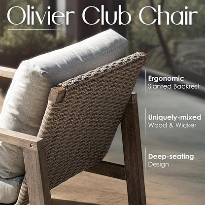 Idzo Olivier Eucalyptus Outdoor Club Chairs Set of 2, 400lbs Heavy Duty Wood Patio Furniture Set, Ergonomic Slanted Backrest Design, 4.5in Thick Cushion