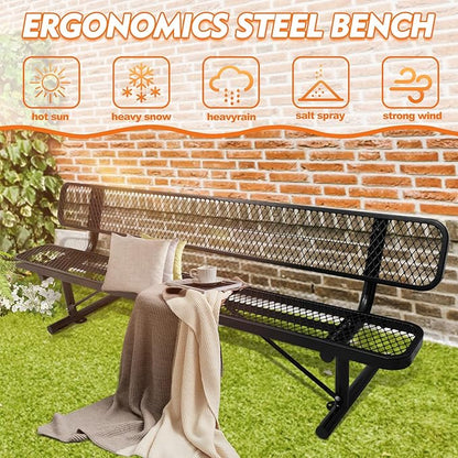 8Ft Outdoor Bench with Back Portable Frame, Outdoor Steel Park Bench with Backrest, Expanded Metal Mesh Bench for Outside, Lawn, Backyard, Park, Deck, Garden, Patio, Porch, Black
