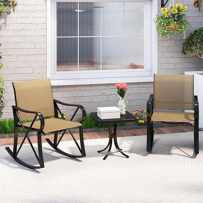Tangkula 3 Piece Patio Rocking Set, 2 Rocking Chairs with Tempered Glass Side Table, Small Patio Furniture Set with Smooth Rocking Motion, Outdoor Rocker Chairs Bistro Set for Porch, Balcony (Brown)