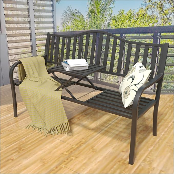 YLGJ&TIDY 50 Inches Garden Benches for Outdoor Patio Bench with Stripe Pattern Backrest Armrest Weatherproof Park Benches Metal Bench for Garden Park Porch Lawn Yard (BENCH04)
