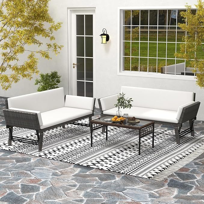 Tangkula Outdoor Convertible Sofa Daybed with Adjustable Armrests, PE Rattan Patio Couch Furniture with Removable Cushions, Patio Chaise Lounge Loveseat for Porch, Balcony, Backyard, Poolside