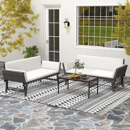 Tangkula Outdoor Convertible Sofa Daybed with Adjustable Armrests, PE Rattan Patio Couch Furniture with Removable Cushions, Patio Chaise Lounge Loveseat for Porch, Balcony, Backyard, Poolside