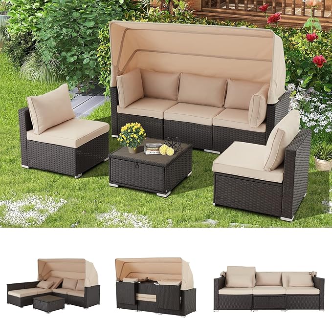 Vicluke 6 Pieces Patio Furniture Sets Outdoor Sectional Sofa Set Rattan Daybed with Retractable Canopy - Photo 1