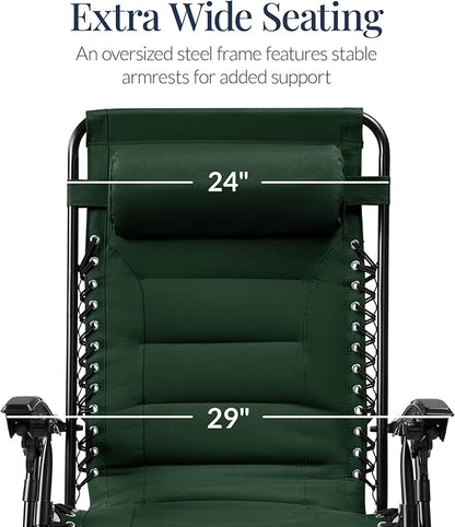 Best Choice Products Oversized Padded Zero Gravity Chair, Folding Outdoor Patio Recliner, XL Anti Gravity Lounger for Backyard w/Headrest, Cup Holder, Side Tray, Polyester Mesh - Forest Green