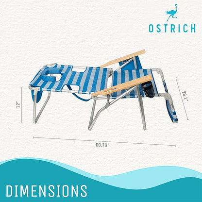 Ostrich the Original 3N1 Lightweight Beach Reclining Lounge Chair with Footrest, Outdoor Furniture for Patio, Balcony, Backyard, or Porch, Blue Stripe