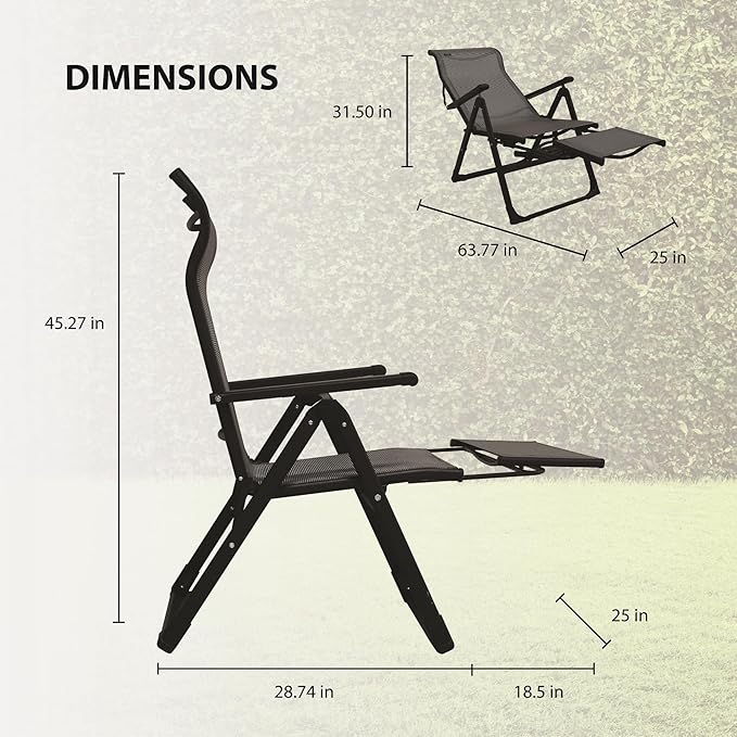 Caravan Sports Ergo+ - Adjustable Outdoor Patio Camping Lounge with Footrest & Headrest, Steel Frame Weather-Resistant Fabric – Folding Outdoor Chair