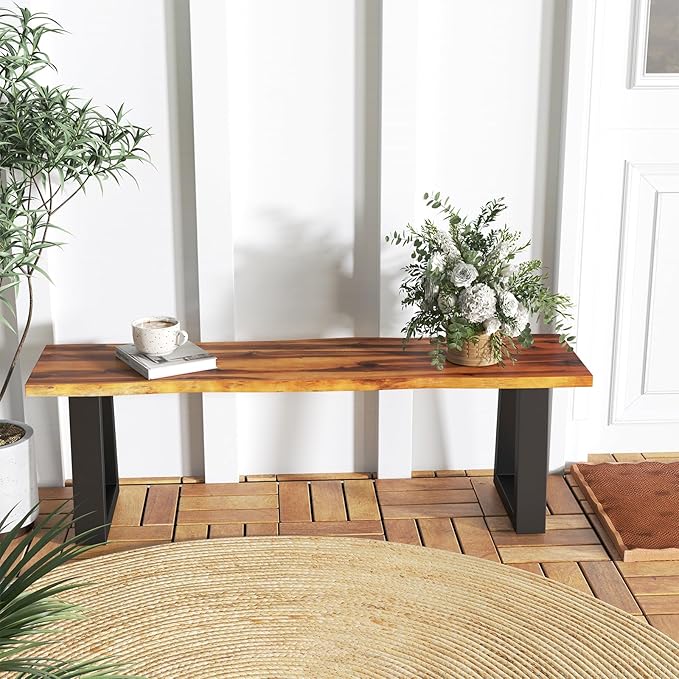 Outdoor Bench, 57.5” Rustic Acacia Wood Dining Bench with Metal Legs, Weatherproof Park Benches for Outside, 2-Person Backless Narrow Garden Bench for Indoors & Outdoors (1)