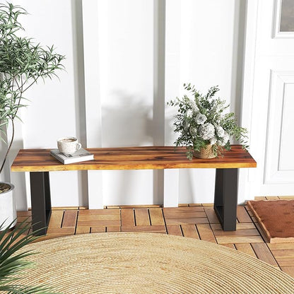 Outdoor Bench, 57.5” Rustic Acacia Wood Dining Bench with Metal Legs, Weatherproof Park Benches for Outside, 2-Person Backless Narrow Garden Bench for Indoors & Outdoors (1)