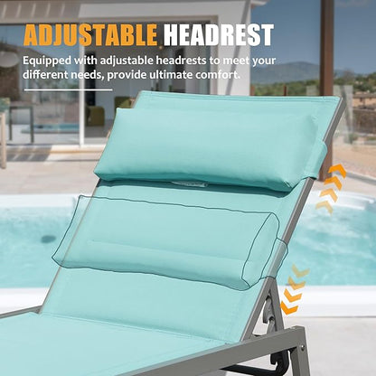 Domi Outdoor Patio Chaise Lounge Set of 3, Aluminum Pool Lounge Chairs with and Wheels, Textilene Padded Adjustable Recliner All Weather for Poolside, Beach, Yard, Balcony (Turquoise Blue)