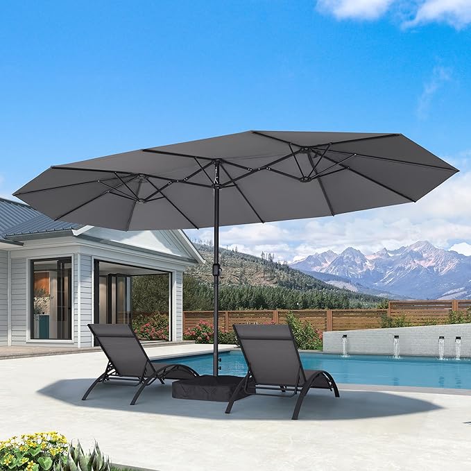 PURPLE LEAF Patio Oversized Chaise Lounge with 15FT Umbrella Outdoor Lounge Chair Beach Pool Sunbathing Lawn Lounger, Base and Side Table Included, Light Grey