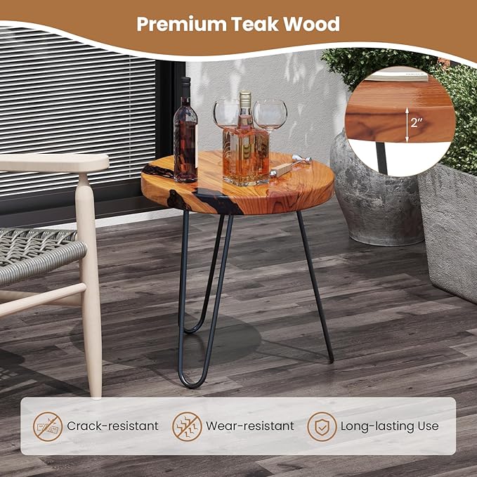 Giantex Outdoor Side Table Teak Wood - 20” Round End Table with Epoxy Resin Tabletop, Solid Live Edge, Metal Frame, Rustic Sofa and Couch Table for Patio, Porch, Poolside, Living Room, Yard, Brown