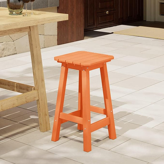 Costaelm 24" Height Outdoor Bar Stools, All-Weather Bar Stools, Adirondack Poly Patio Square Bar Stool for Patio, Deck, Kitchen Counter and Garden, Orange