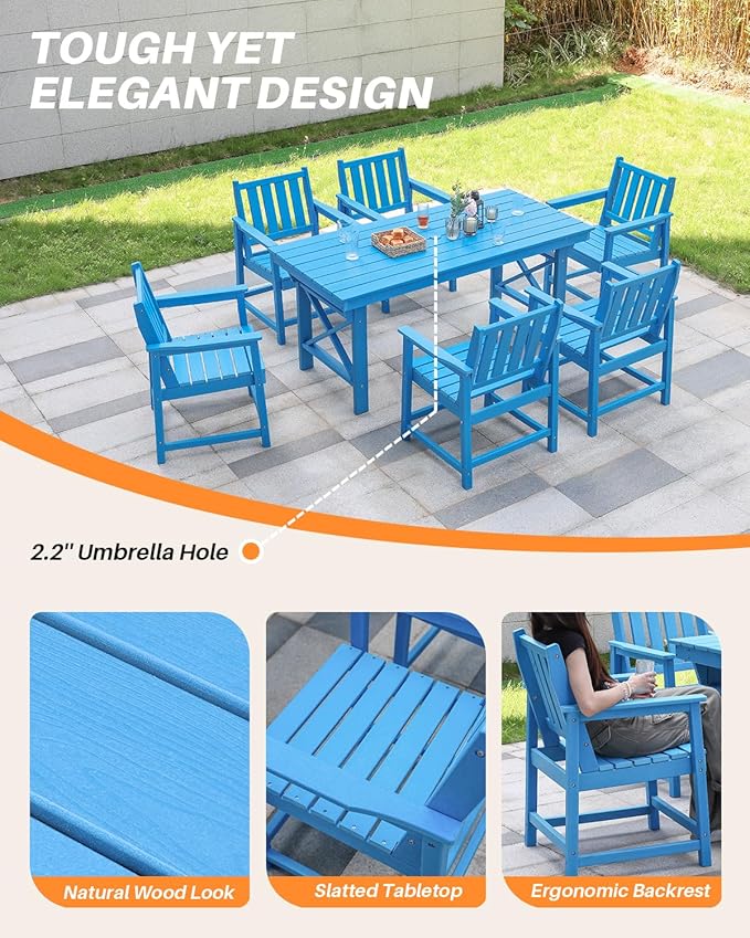 7 Pieces HDPE Outdoor Dining Set, Patio Dining Set with Umbrella Hole, All Weather Outdoor Dining Table Sets for 6 - Photo 8