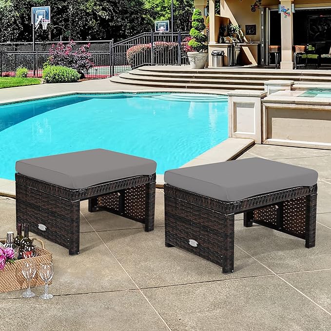 Tangkula 2 Pieces Patio Rattan Ottomans, All Weather Outdoor Footstool Footrest Seat with Soft Cushion, Hidden Zipper - Photo 2