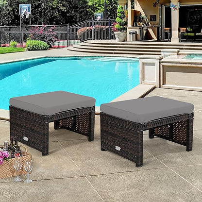 Tangkula 2 Pieces Patio Rattan Ottomans, All Weather Outdoor Footstool Footrest Seat with Soft Cushion, Hidden Zipper, High-Density Sponge, Wicker Ottoman Seat for Patio, Garden, Poolside
