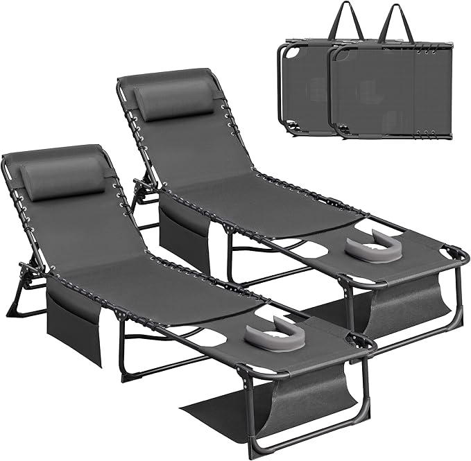 Devoko Beach Lounge Chair, Outdoor Sun Tanning Chair with Face Hole, Heavy Duty Folding Portable Lay Chaise Lounge Chairs for Outside Beach Pool Camping Patio, Gray
