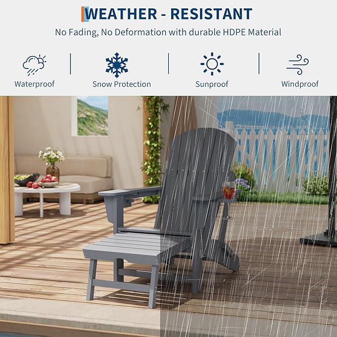 Garvee Folding Adirondack Chairs with Two Cup Holders. HDPE All Weather Outdoor Adirondacks Rocking Chair with Retractable Ottoman, Outdoor Adirondack Chair for Patio, Outside, Deck, Backyard-Grey