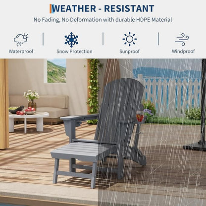 Garvee Folding Adirondack Chairs with Two Cup Holders. HDPE All Weather Outdoor Adirondacks Rocking Chair with Retractable Ottoman, Outdoor Adirondack Chair for Patio, Outside, Deck, Backyard-Grey
