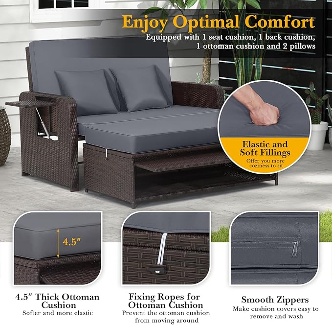 LDAILY Moccha Outdoor Daybed, Wicker Loveseat Sofa Set with 4-Postion Adjustable Backrest, Storage Ottoman, Cushions - Photo 6