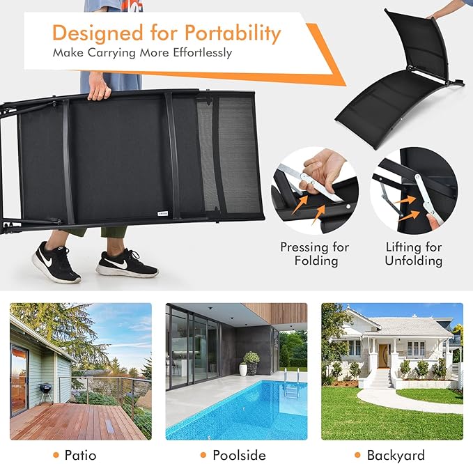 Giantex Outdoor Chaise Lounge Set of 2, Foldable Pool Lounge Chairs with 5-Position Adjustable Backrest, Quick-Drying Fabric, Patio Lounger for Backyard, Beach, Lawn, Sunbathing Recliner, Black