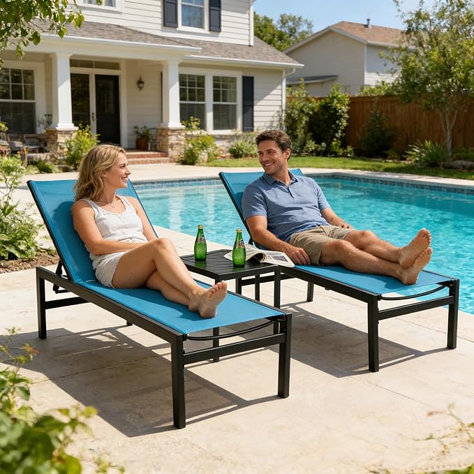 Kozyard 3Pieces Outdoor Chaise Lounge, Aluminum Frame and Textilene Fabric, Adjustable Reclining Patio Lounger for Poolside, Sunbathing & Backyard (Blue, 2Chairs with Table)