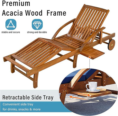 LUMISOL Acacia Wood Chaise Lounge Chair Set of 2, Patio Outdoor Chaise Lounge with Cushions, Adjustable Backrest, Leg Rest, Headrest, Retractable Side Tray for Patio, Pool, Garden, Navy Blue