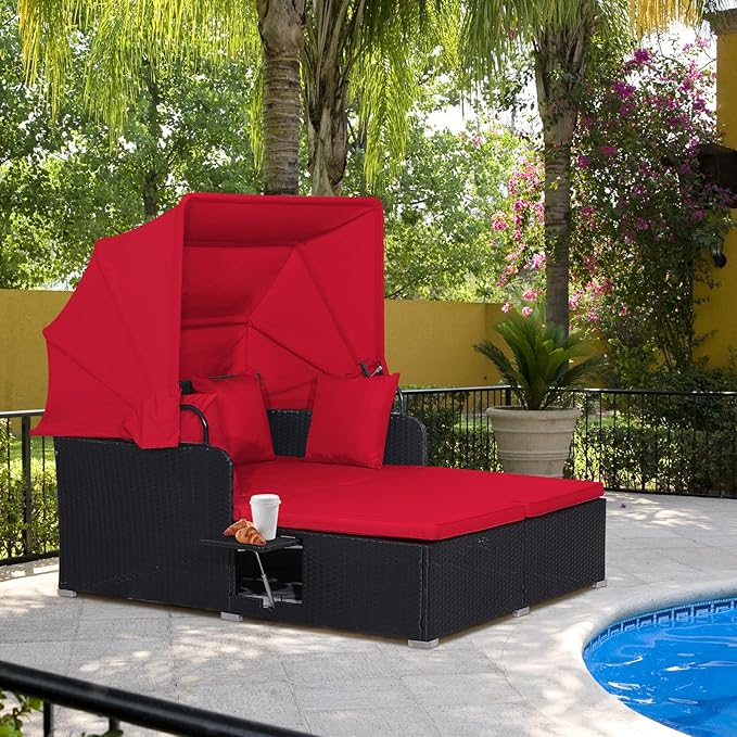 LDAILY Moccha Outdoor Daybed with Retractable Canopy, Wicker Cabana with 2 Side Tables & Soft Cushions,Hand-Woven PE Rattan Bed Lounger, Patio Sectional Furniture Set for Garden Backyard Porch (Red)